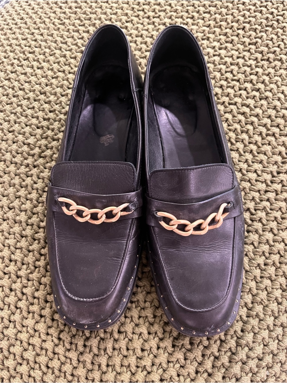 Maje Black Leather Loafers with Gold Chain Accent